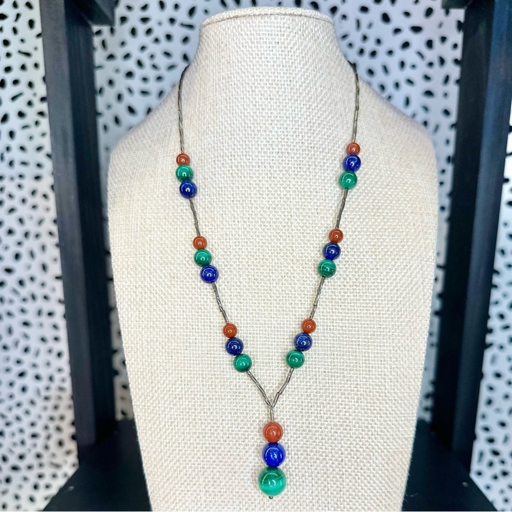 Vintage Liquid Silver Sterling Malachite Lapis Carnelian Natural Gems Necklace